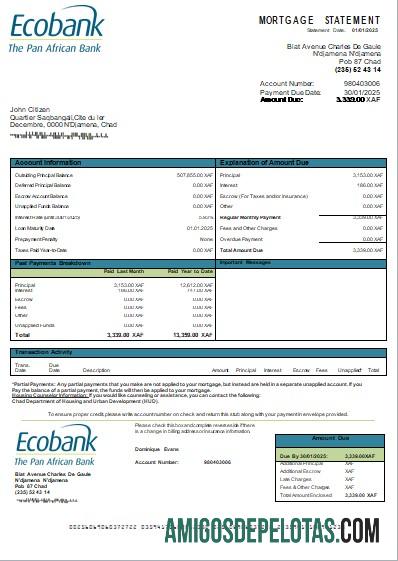 Declaração de hipoteca do Chad Ecobank Bank exemplo real